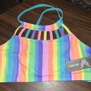 Go Coco girls 14/16 two piece rainbow stripe swimsuit. NWT.
